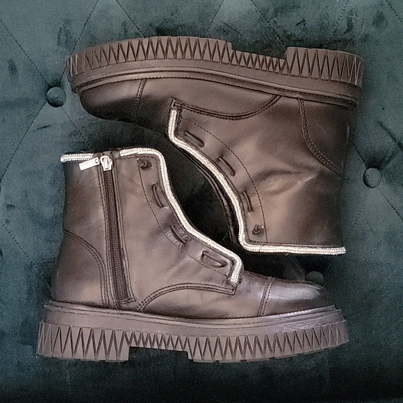 Schutz Womens AMIRAH Black Faux Leather Lug Sole Block Chunky Combat Boots - Picture 12 of 13